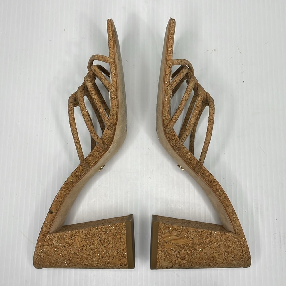 Paige Becca Block Heel Sandal Size 8 Tan Knot Strap Upper Gold Specs - Picture 8 of 14